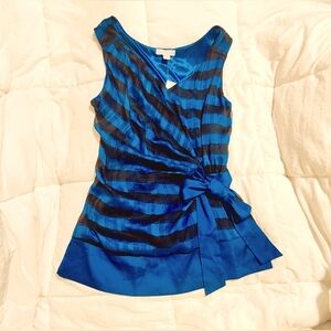 5/$50 RARE NewYork&Co Sheer Satin Wrap Blouse With Sash Metallic Blue/Black Sz.M